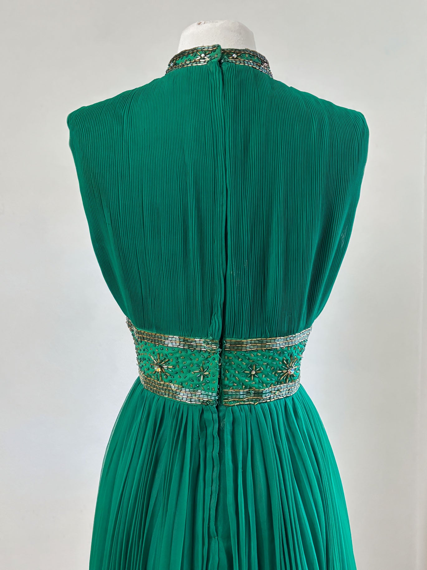 Vintage 1960s Gala Goddess Dress - SPECTACULAR Designer Jack Bryan Emerald Chiffon w Rhinestones + Beading Maxi Gown Size M to L