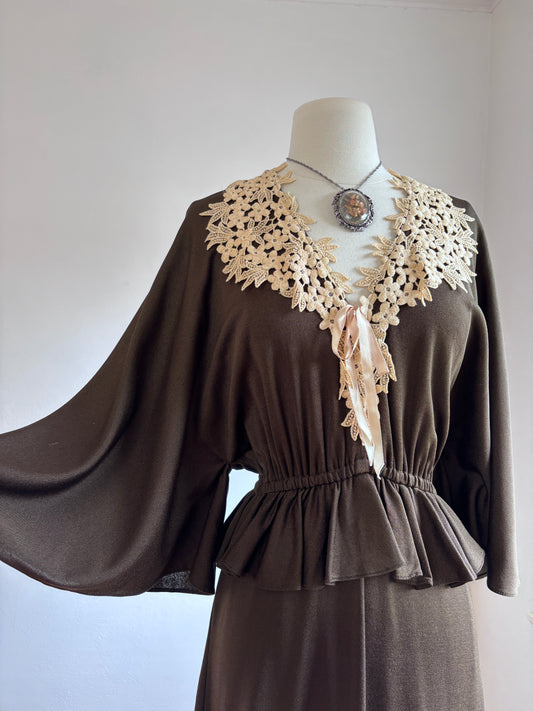 Vintage 1970s Maxi Dress - STUNNING Joy Stevens Designer Gown w Angel Sleeves + Lace Fits Size S to L