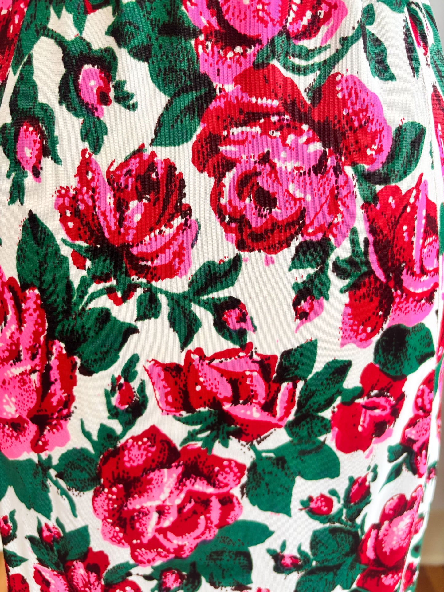Vintage 1930s to 1940s Dress - Volup! Red Hot Pink Green Rose Print Rayon Jersey Gown w Galalith Belt Size XL
