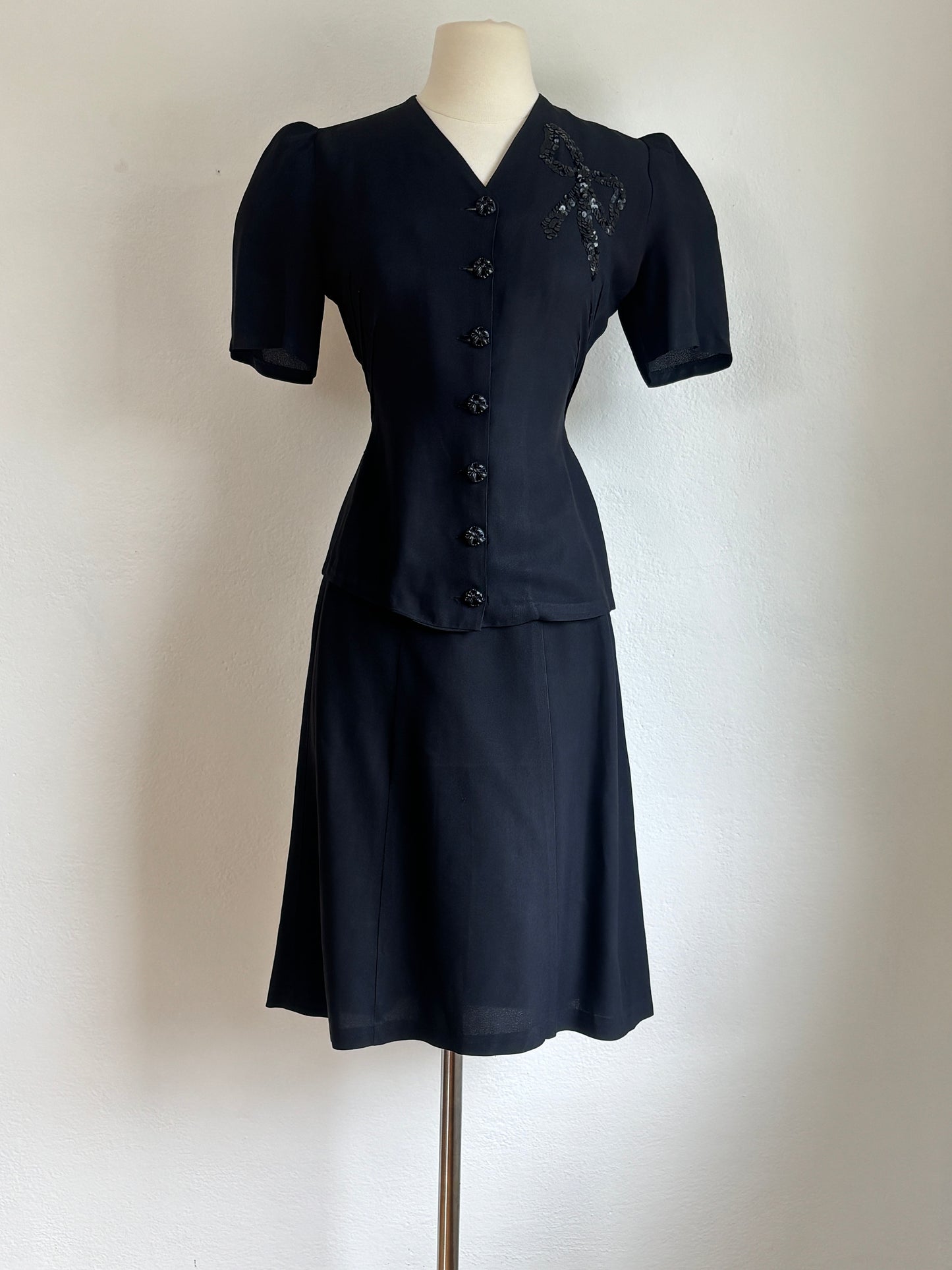 Vintage 1930s to 1940s Dress Set - Black Rayon w Sequin "Bow" + Novelty Celluloid Buttons Blouse Skirt Suit Size S