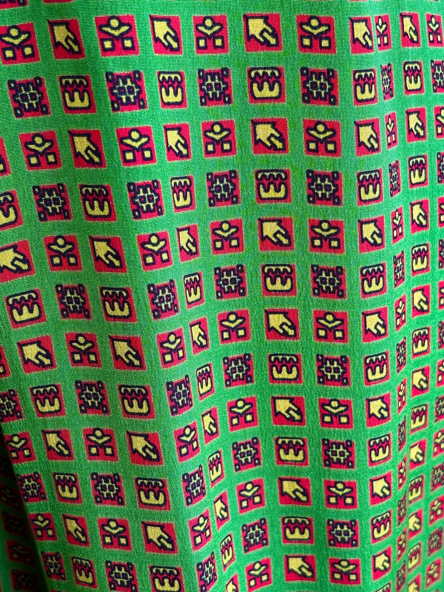 Vintage 1940s to 1950s Dress - Apple/Olive Green w Red + Chartreuse Surreal Cottages Print Belted Shirtwaist Size M