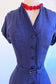 Vintage 1940s Dress - STUNNING Midnight Blue Rayon / Butcher Linen Carrie Walker Coat Dress w Many Buttons Size M - L