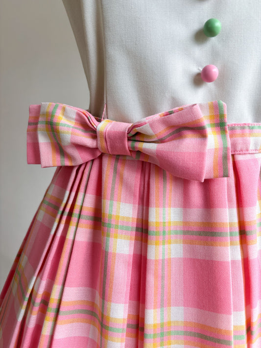 Vintage 1960s Dress - Cute! Pink Plaid Cotton Blend Junior Set Sundress w Candy Buttons Size S to M