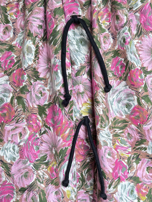 Vintage 1950s Skirt - GORGEOUS Pink, Black, Charteuse Floral Print Full Skirt Tea Length Size XS to S