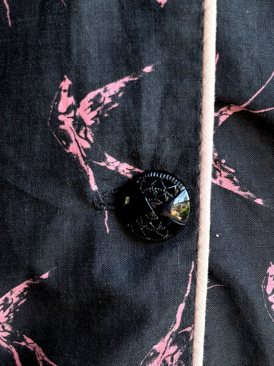 Vintage 1940s to 1950s Dress - Black Candy Pink Swallow Bird Novelty Print Coat Dress Size L
