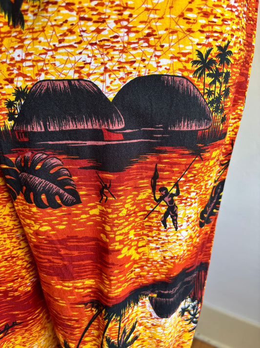 Vintage 1970s Jumpsuit - Hawaiian Novelty Print Spear Fishers Sunset Cotton Cigarette Pants Romper Size XS to M