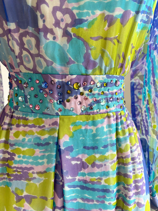 Vintage 1960s Cocktail Dress - Sublime Floral Silk Abe Schrader Designer Party w Colorful Rhinestones Size S to M