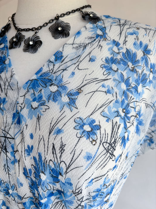 Vintage 1950s Sundress - Volup! Seersucker Porcelain Blue White Floral w Tons of Rhinestones Dress Size L to XL