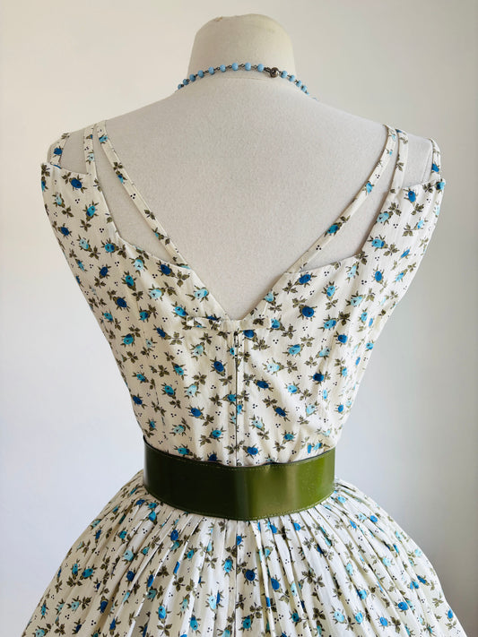 Vintage 1950s Sundress - Ivory Blue Olive Rose Print Triple-Strap Tea Length Skirt Dress Size M