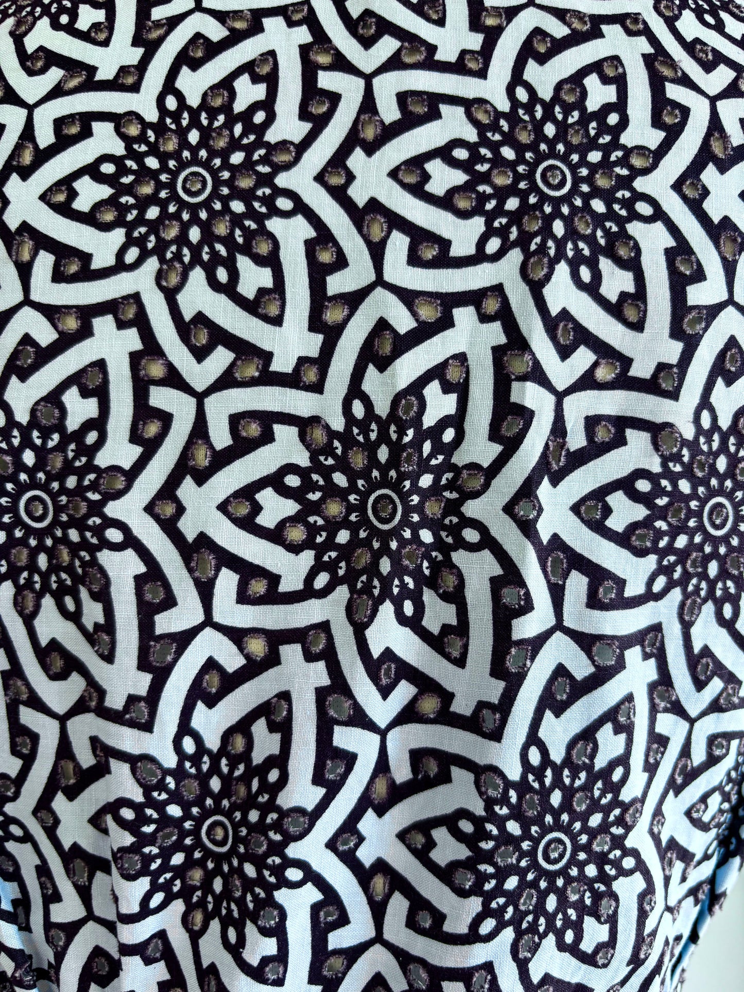 Vintage 1950s Sundress - Blue Black Cotton Eyelet Mandala Print Full Skirt Shirtwaist Dress Size M to L