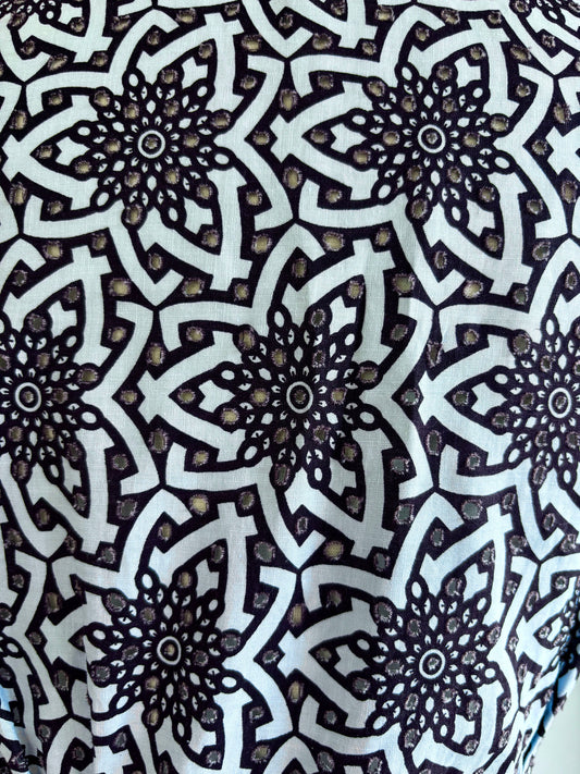 Vintage 1950s Sundress - Blue Black Cotton Eyelet Mandala Print Full Skirt Shirtwaist Dress Size M to L