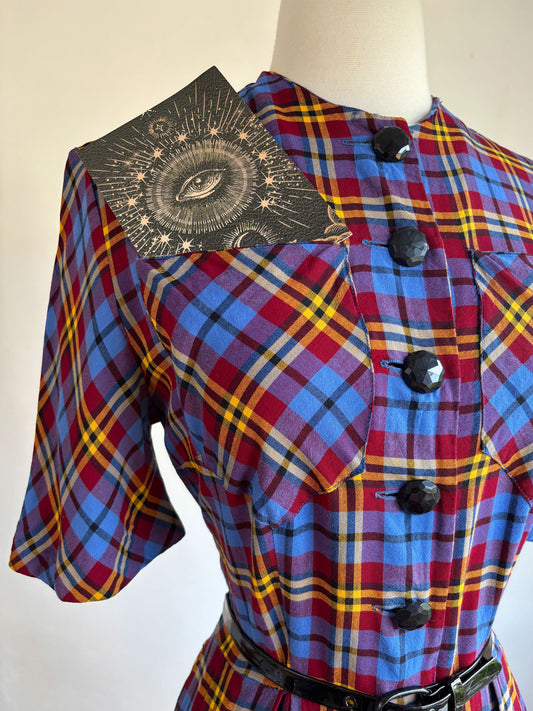 Vintage 1940s Dress - Jaunty Maroon + Blue Plaid Rayon Shirtwaist w Deco Pockets Size M to L