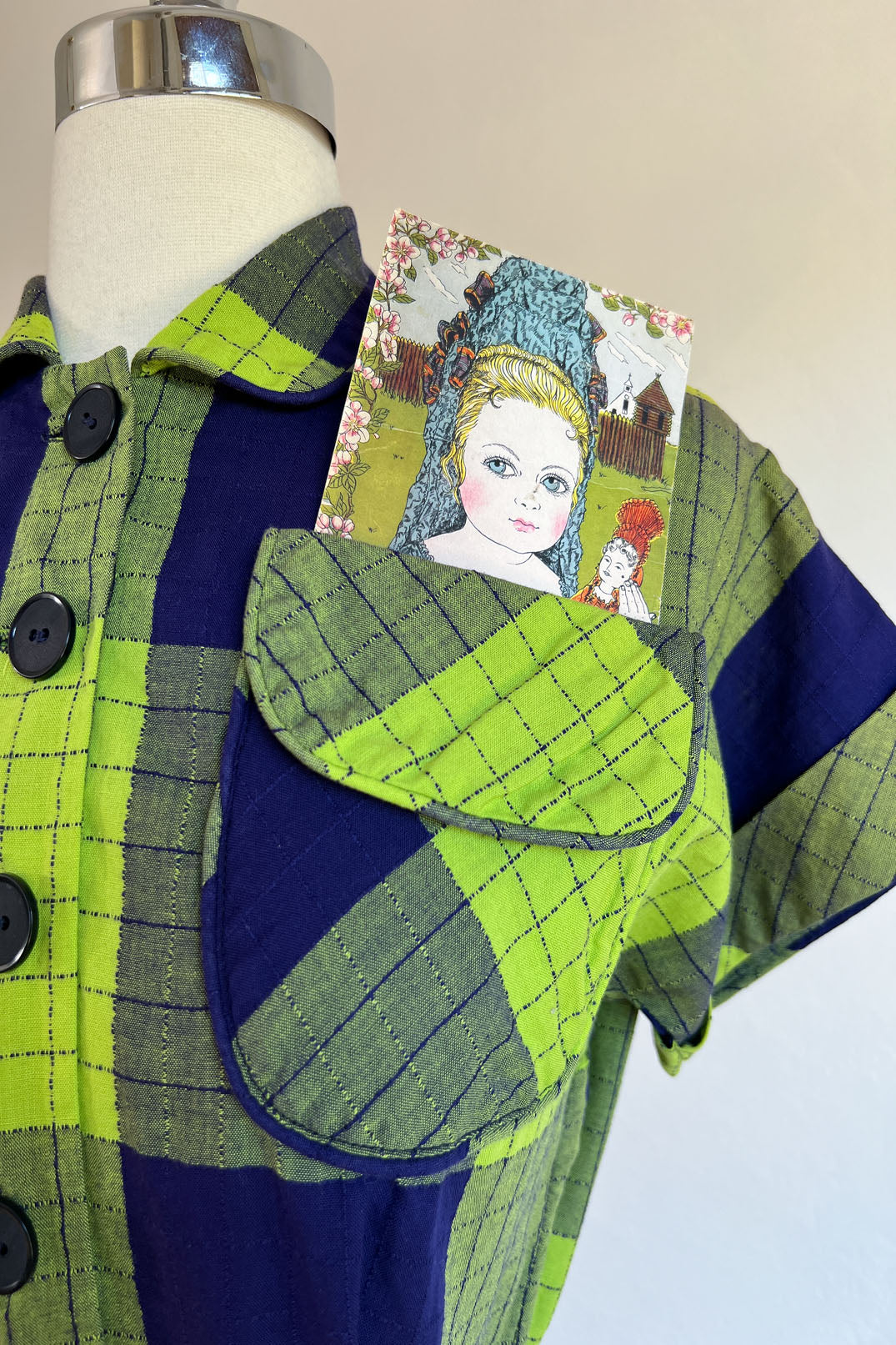 Vintage 1940s Dress - Navy Blue + SHOCKING Lurid Lime Green Plaid Cotton Woven Jean Leslie Shirtwaist Size M