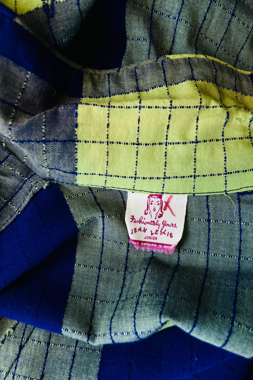 Vintage 1940s Dress - Navy Blue + SHOCKING Lurid Lime Green Plaid Cotton Woven Jean Leslie Shirtwaist Size M