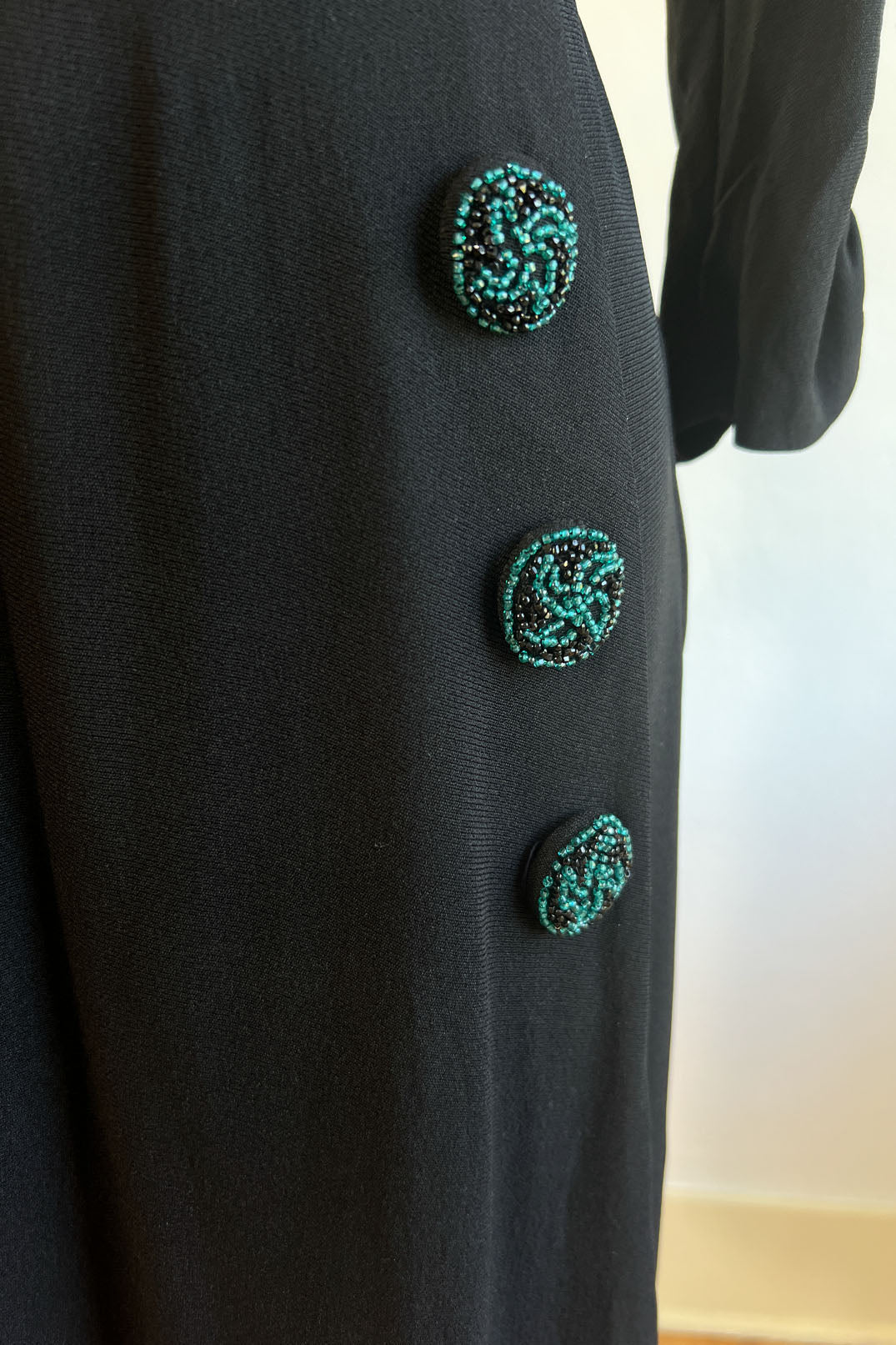 Vintage 1940s Dress - SOPHISTICATED Black Rayon w Aqua Beaded Pinwheels Cocktail Dress Size M - L