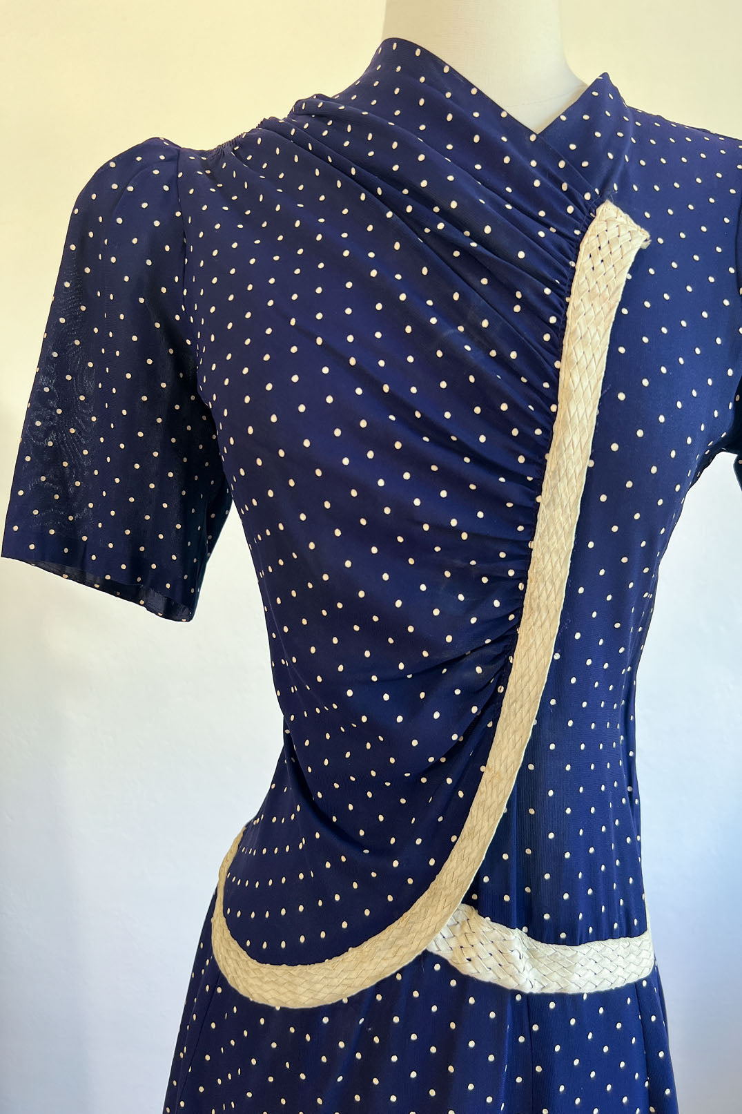 Vintage 1930s Dress - CUTIE PIE Blue w Painted Print Polka Dots, Puffed Sleeves, Cherry Button Size M