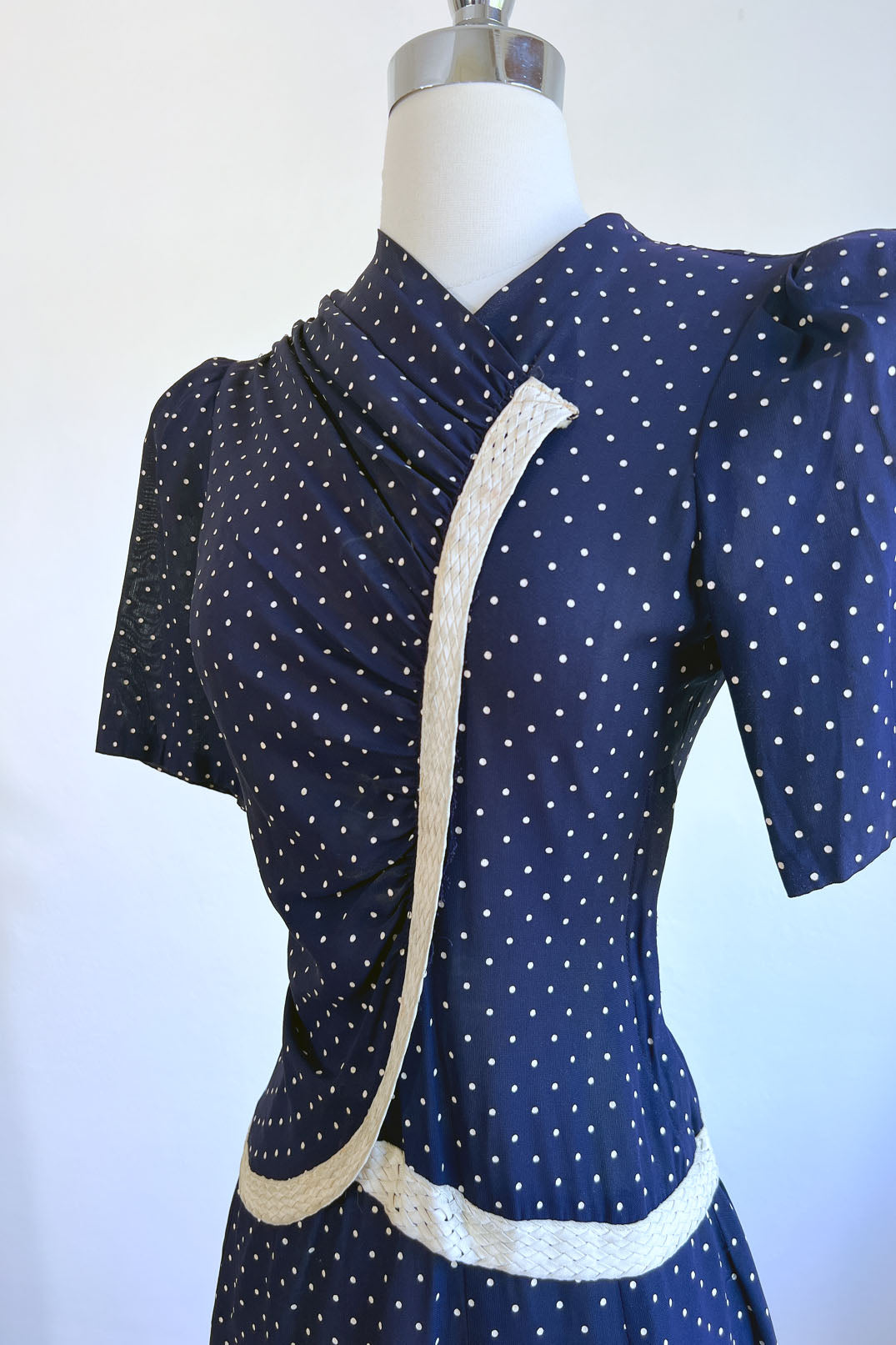 Vintage 1930s Dress - CUTIE PIE Blue w Painted Print Polka Dots, Puffed Sleeves, Cherry Button Size M