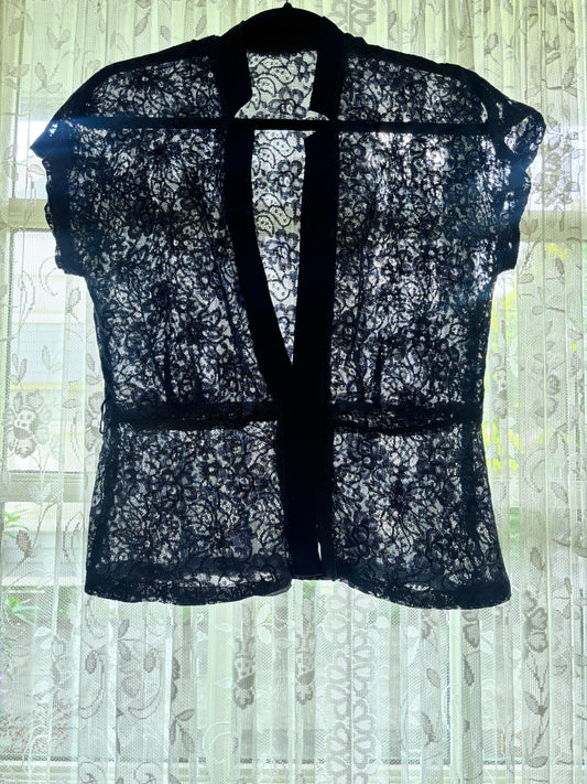 Vintage 1940s Blouse - Navy Sheer Lace Butcher Linen Jacket or Top Size S to M