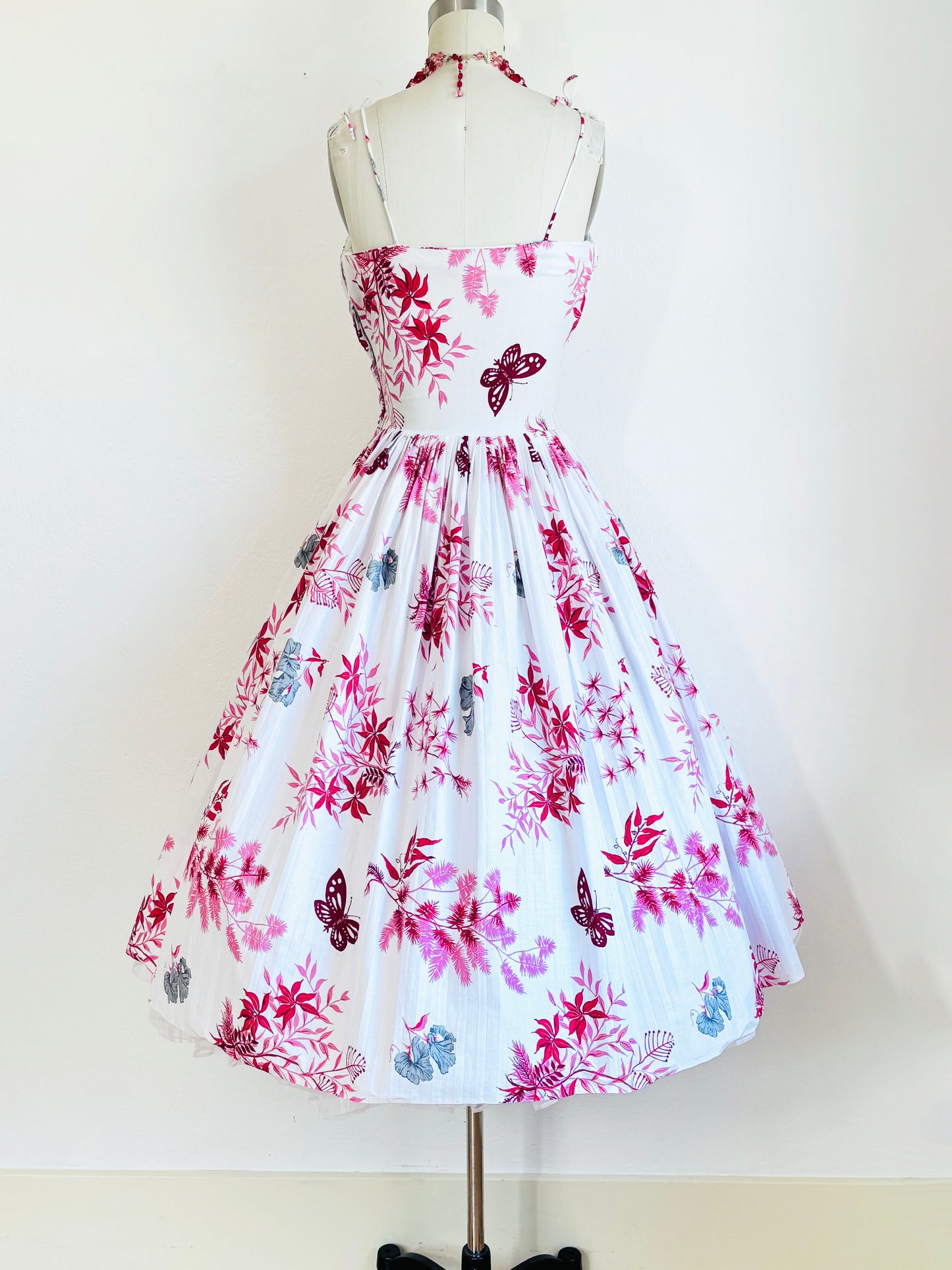 Vintage 1950s Dress - Rare + Amazing Tropical/Hawaiian Butterfly + Pine + Bamboo Novelty Print Pink Red Cotton Sundress Size XS to S