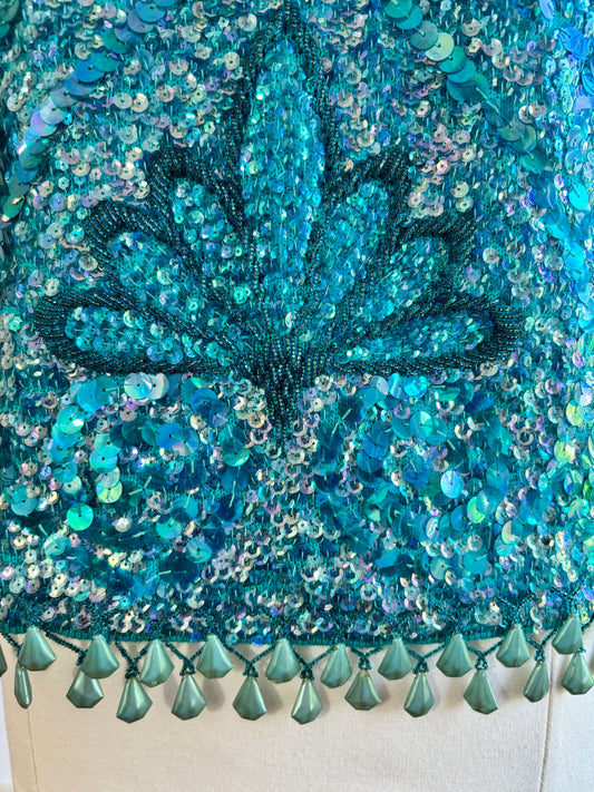 Vintage 1960s Beaded Sweater - Mermaid Aqua Aurora Borealis Lotus Flower w Heavy Sequins + Dangle Beads Size M to L
