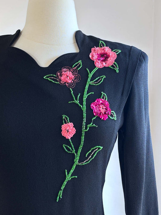 Vintage 1940s Sequin Blouse - Black Sculpted Crepe Rayon w Heavy Pink Green Beads Sequins 3D Blooming Flower Top Size S - M