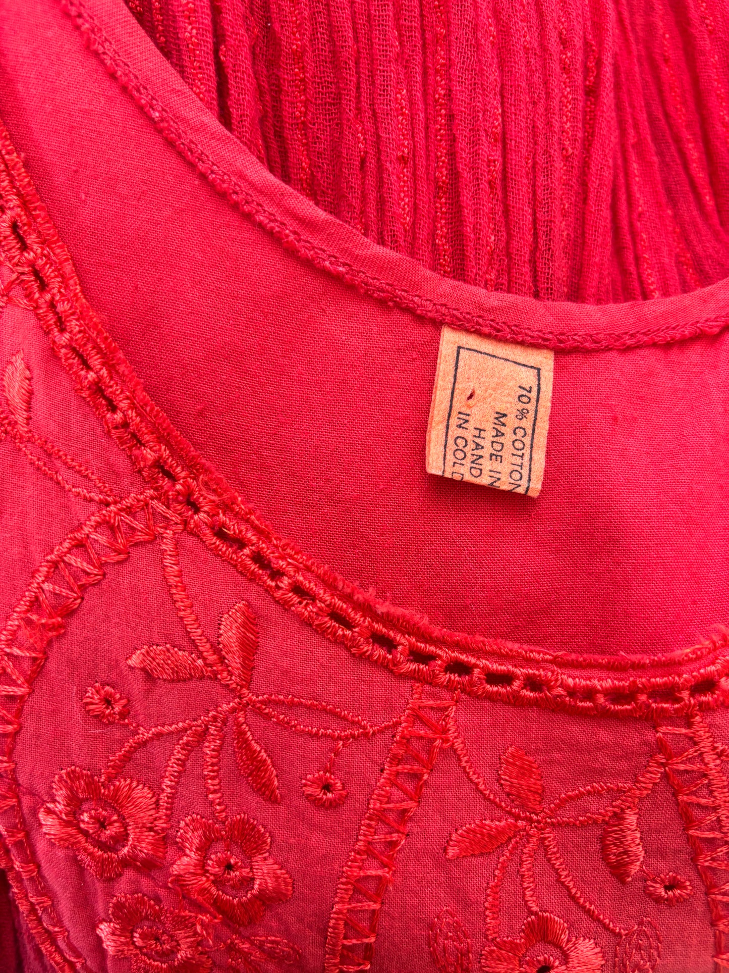 Vintage 1970s to 1980s Maxi Dress - Greek Gauze Cotton Red Embroidery Eyelet Roses Kaftan Crinkle w Belt Fits S to L