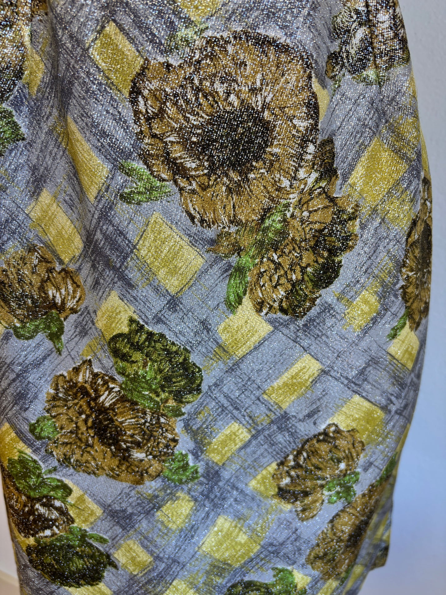 Vintage 1960s Dress - Chartreuse Olive Gray Plaid Silver Lurex Sparkling Sculpted Cocktail Dress Size XS
