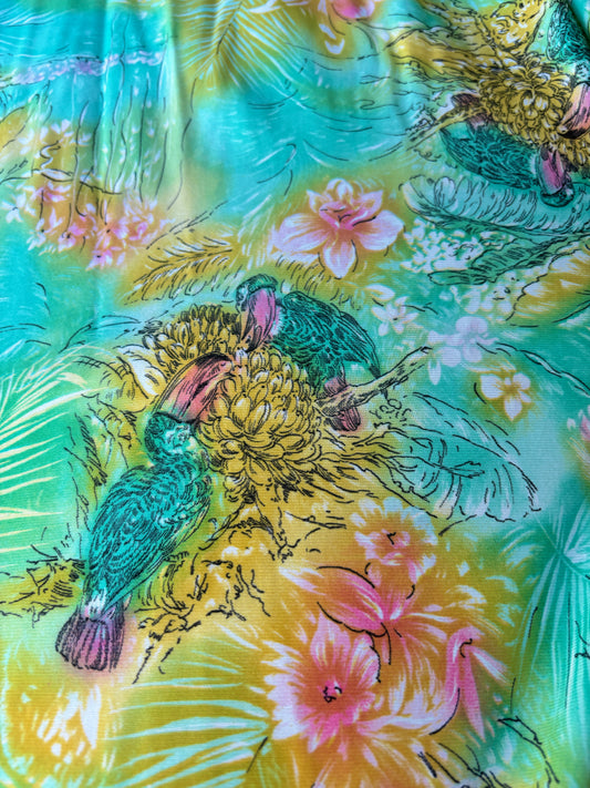 Vintage 1970s does 1930s Dress - Novelty Print Toucan Birds Bananas Aqua Hot Pink Jersey Organdy Maxi Size S to M