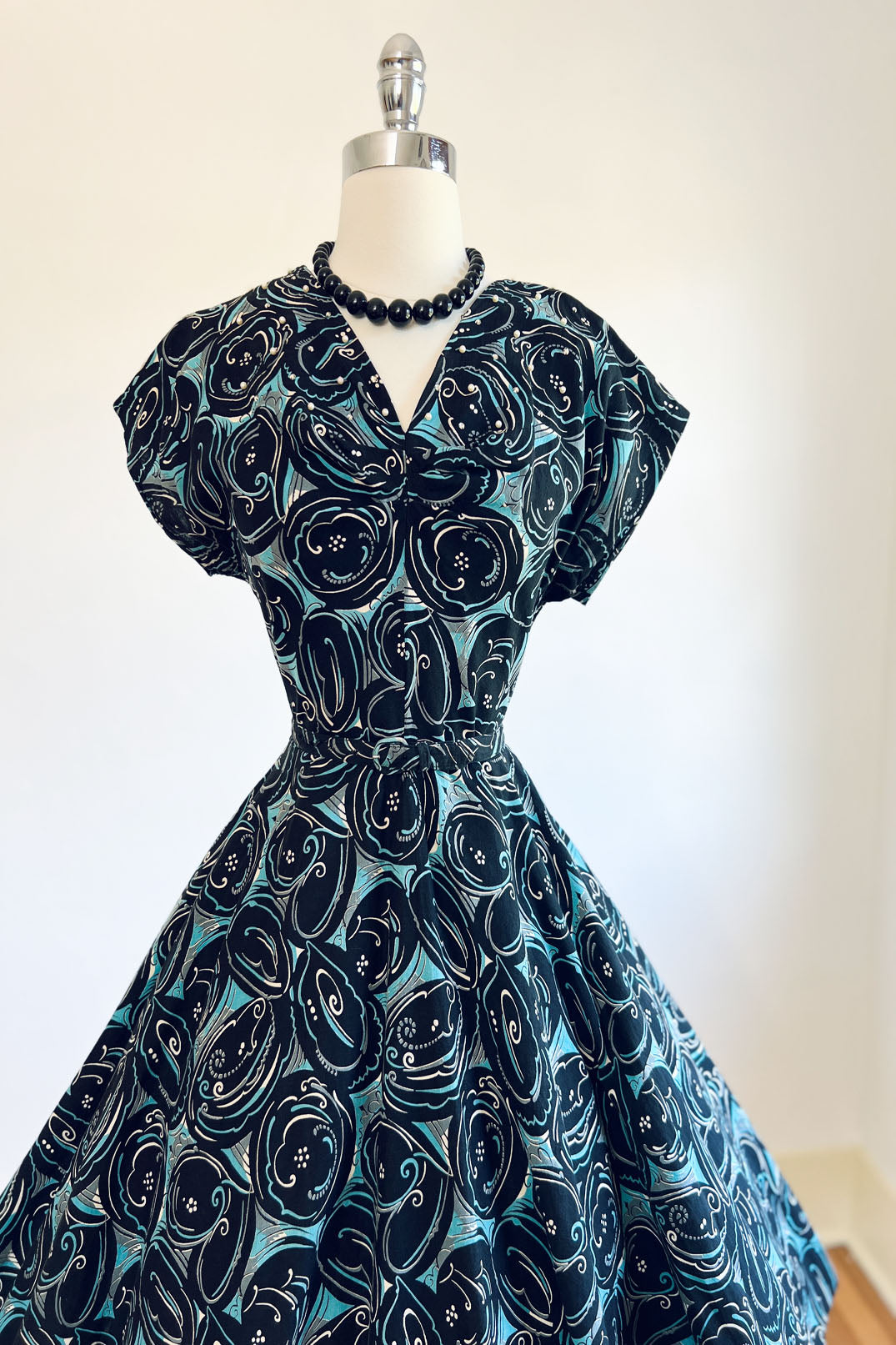 Vintage 1950s Dress - MESMERIZING Aqua + Black Cotton Sundress w Rhinestones Faux Pearls Size L - XL