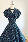 Vintage 1950s Dress - MESMERIZING Aqua + Black Cotton Sundress w Rhinestones Faux Pearls Size L - XL