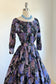 Vintage 1950s Dress Set - GLORIOUS Black Floral w Aqua, Violet + Lavender GLITTER Lilacs Blouse + Skirt Size S to M