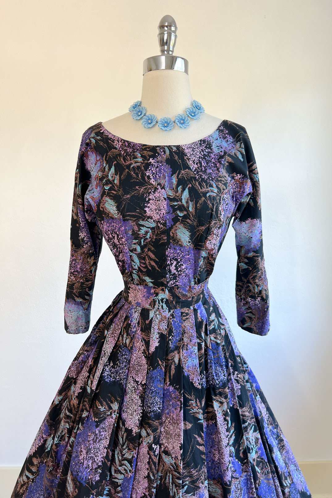 Vintage 1950s Dress Set - GLORIOUS Black Floral w Aqua, Violet + Lavender GLITTER Lilacs Blouse + Skirt Size S to M