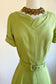 Vintage 1940s to 1950s Dress - INCREDIBLE Chartreuse Green Butcher Linen w Layered Neckline Size M