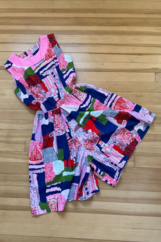 Vintage 1960s CUTEST EVER Romper - Pink Blue Olive Red Modern Art Print Cotton Shorts Jumpsuit Size M