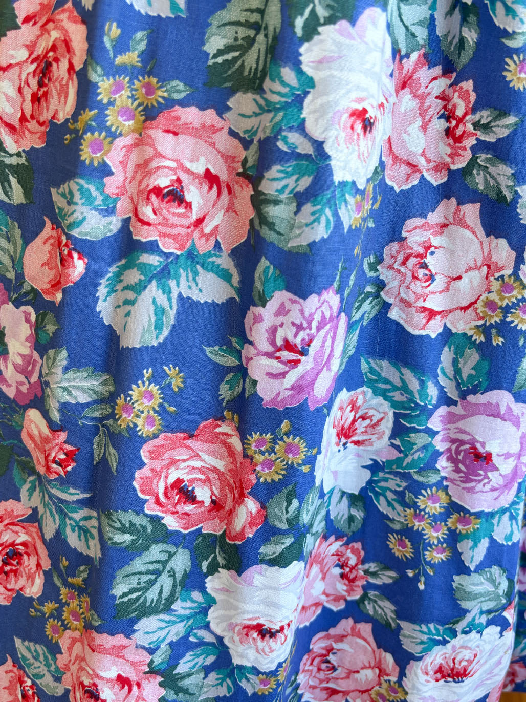 Vintage 1980s Dress - French Blue Pink Red Rose Print Robbie Bee Cotton Princess Belted Sundress Size M to L