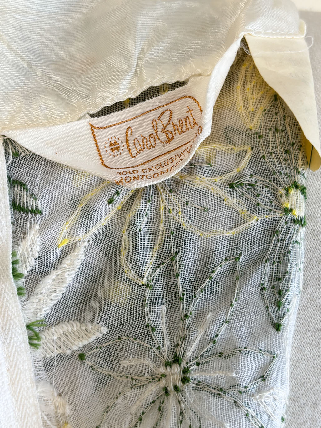 Vintage 1960s Dress - Lemon + Olive Embroidered Cotton + Butcher Linen Belted Dress Size M to L