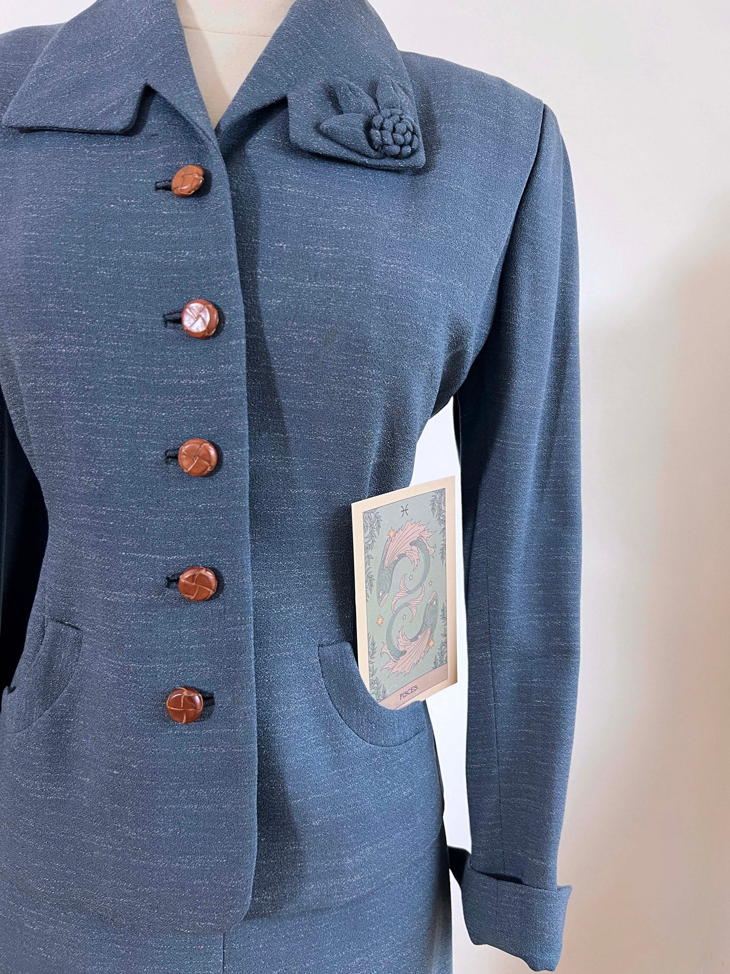 Vintage 1940s to 1950s Wool Dress Suit - SHAPELY Slate Blue Fleck Skirt and Jacket w Leather Buttons + 3D Flower Size M - L