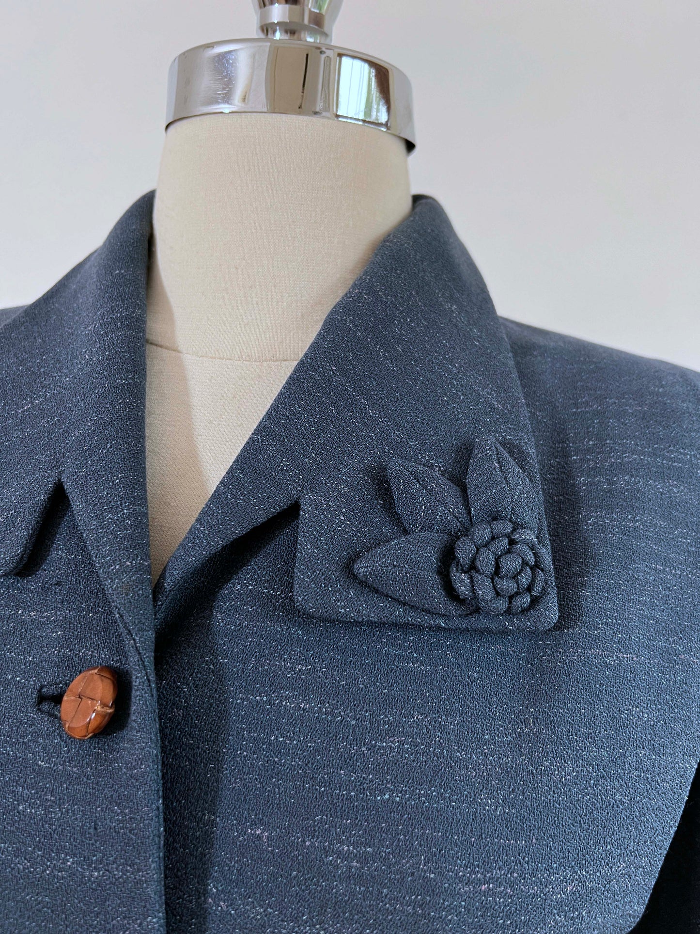 Vintage 1940s to 1950s Wool Dress Suit - SHAPELY Slate Blue Fleck Skirt and Jacket w Leather Buttons + 3D Flower Size M - L