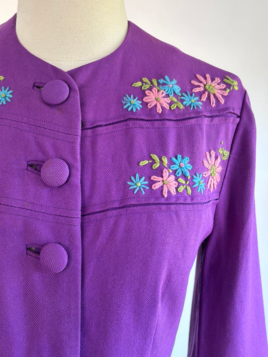 Vintage 1930s to 1940s Jacket or Blouse - ETHEREAL BEAUTY Deep Violet Wool Twill w Colorful Blossom Embroidery Size S to M