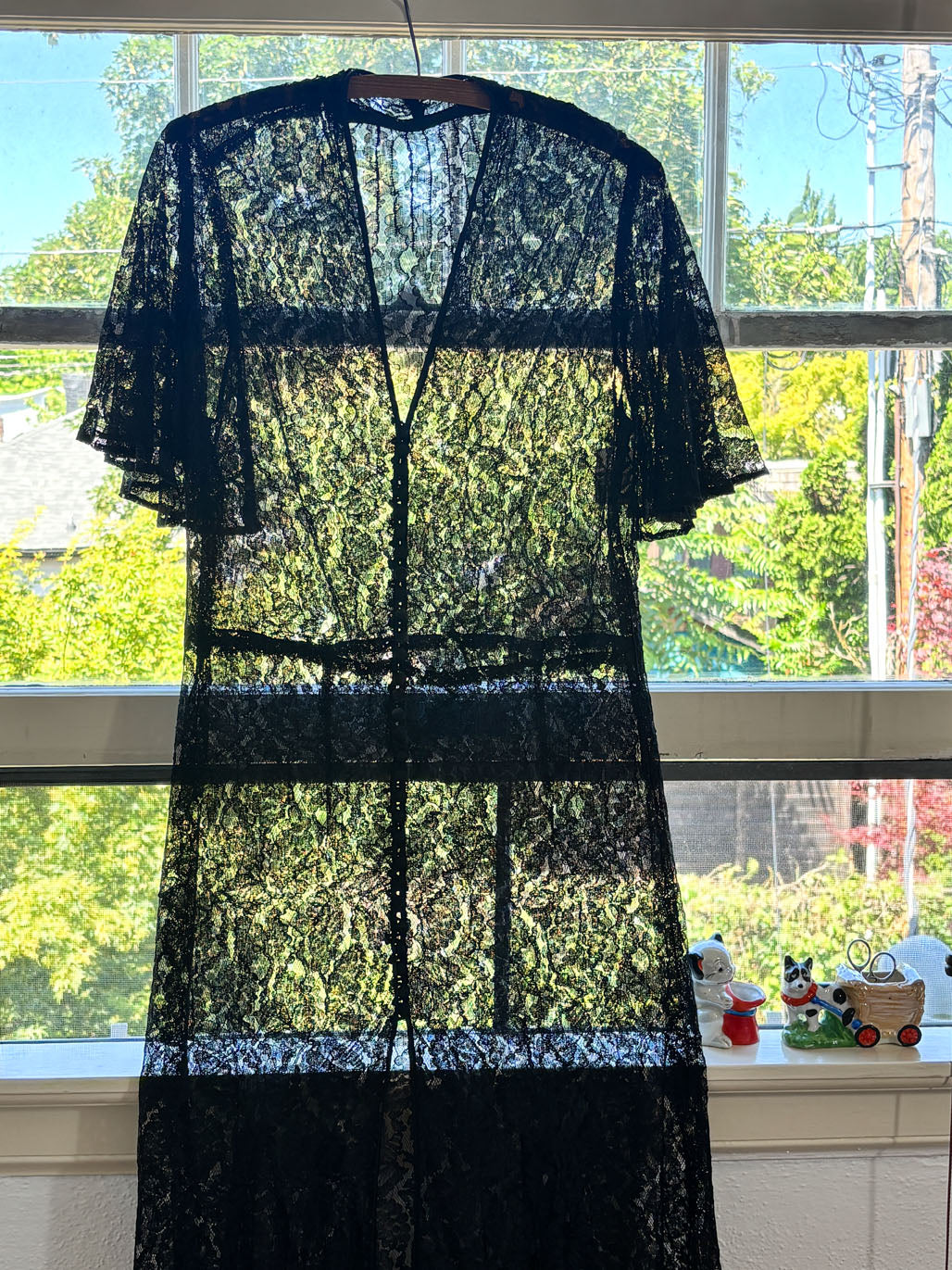 Vintage 1930s Redingote - Volup! Summer Goth Black Sheer Lace Deco Duster Evening Jacket Dress Size L to XL