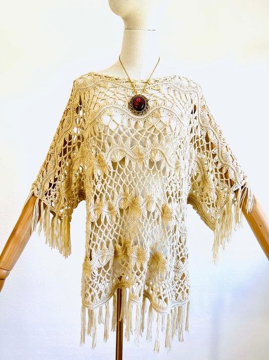 Vintage 1970s - 1980s Crochet Top - FRINGE BENEFITS Cream Tunic Blouse or Cover-Up Fits Range Size XS to L