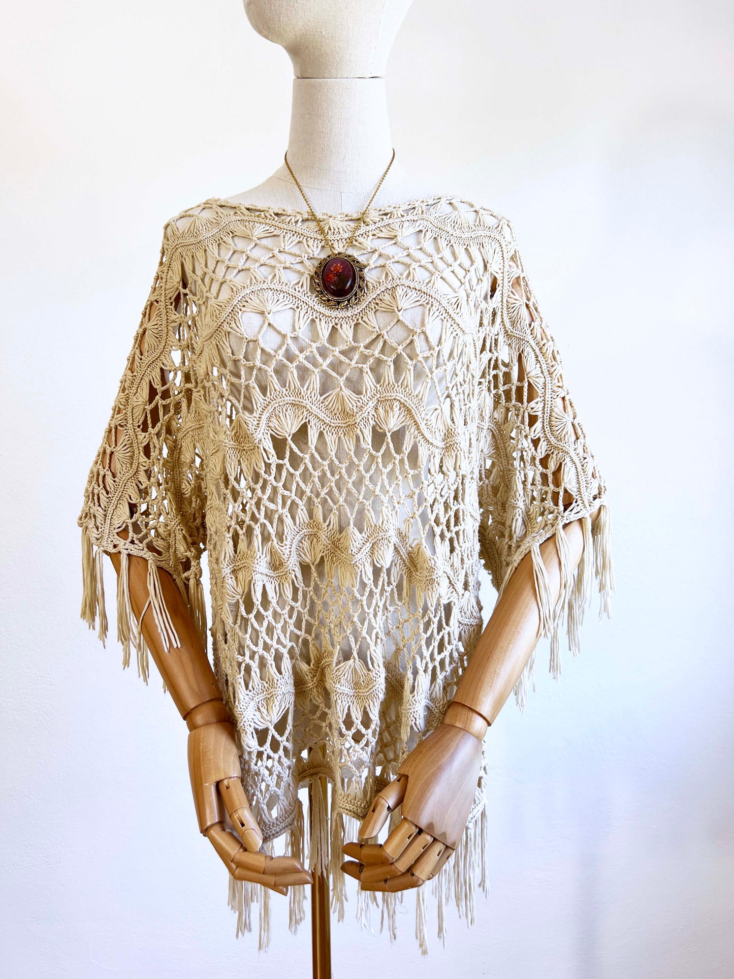 Vintage 1970s - 1980s Crochet Top - FRINGE BENEFITS Cream Tunic Blouse or Cover-Up Fits Range Size XS to L