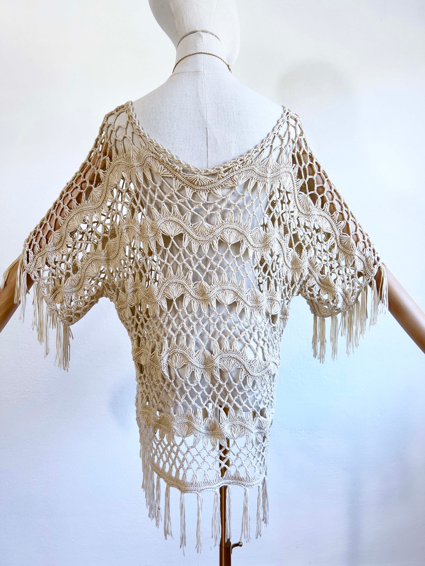 Vintage 1970s - 1980s Crochet Top - FRINGE BENEFITS Cream Tunic Blouse or Cover-Up Fits Range Size XS to L