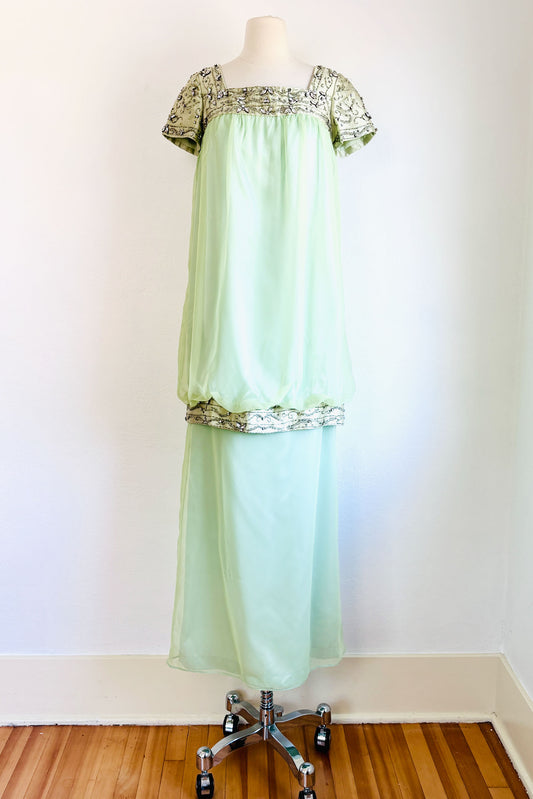 Vintage 1960s Mini Dress + Maxi Skirt Set - DELICIOUSLY PRETTY Designer Heavily Beaded Silk + Chiffon Green Tunic + Skirt Size XS to M