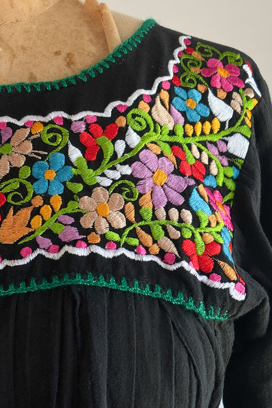 Vintage 1960s to 1970s Gauze Mexican Tourista Top - BEAUTIFUL Black Cheesecloth Cotton w Tassel Cuffs Size XS to M