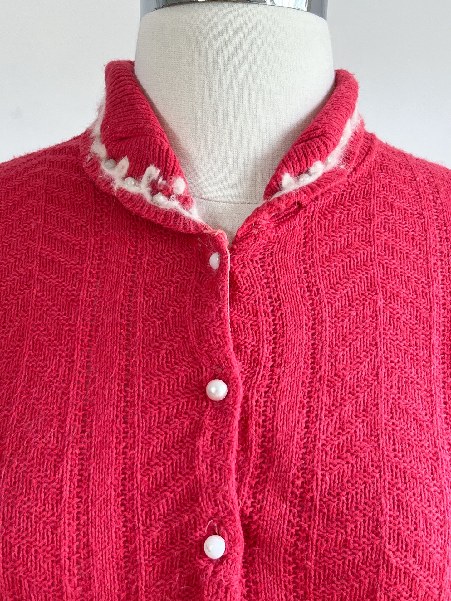 Vintage 1950s Wool Knit Dress Suit - Watermelon Pink Sweater Belt Skirt of Knitwear Size L - XL