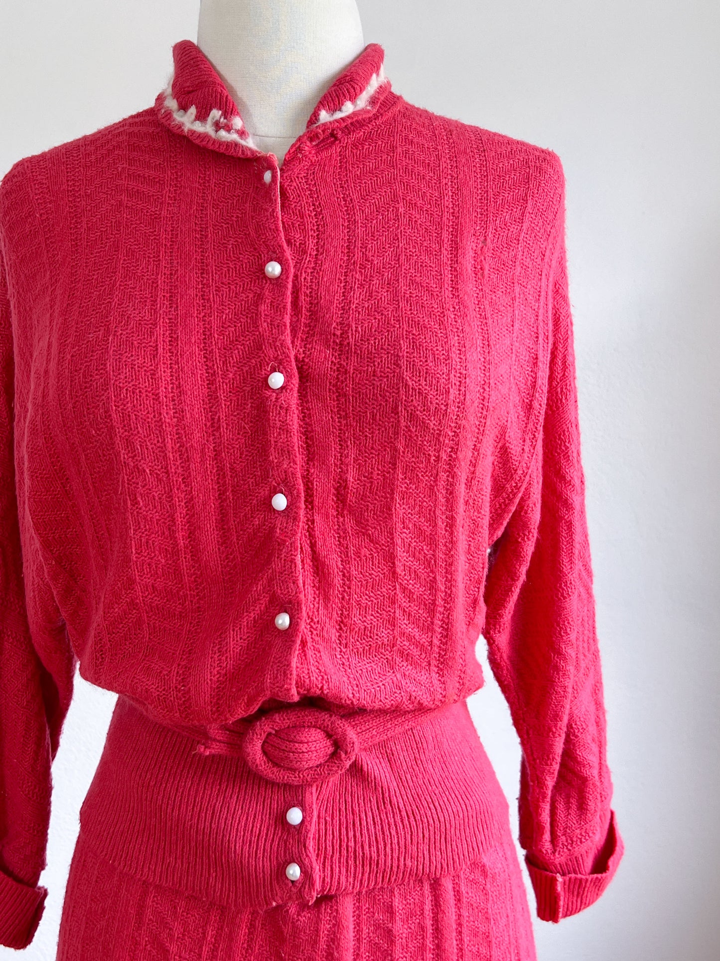 Vintage 1950s Wool Knit Dress Suit - Watermelon Pink Sweater Belt Skirt of Knitwear Size L - XL