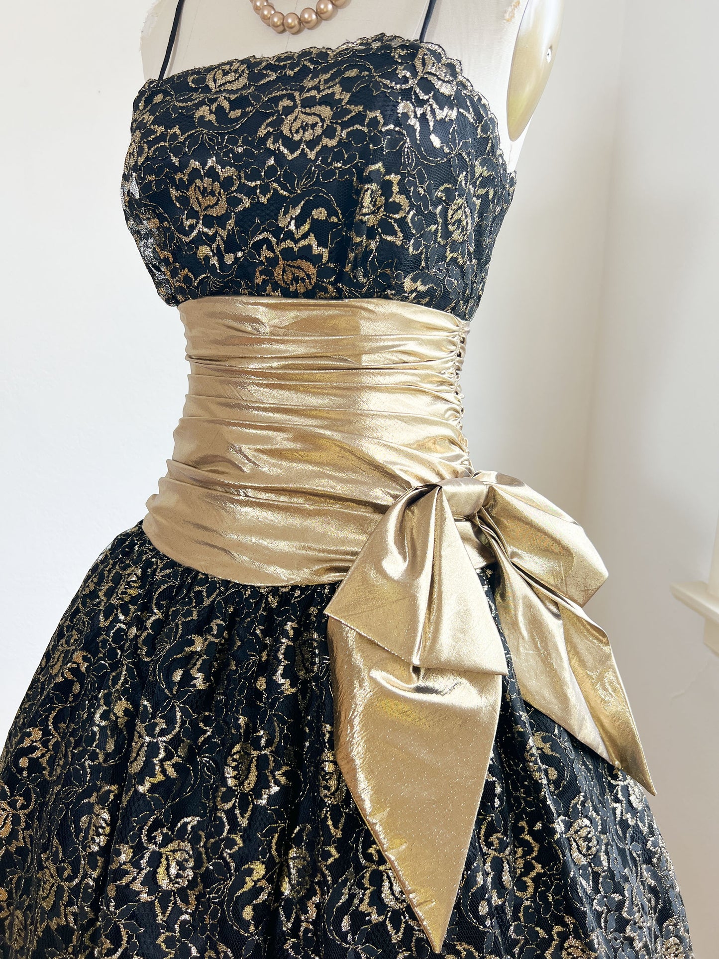 Vintage 1980s does 1950s Dress - SUBLIME Black Lace Satin Gold Lame Party Prom Designer Dress Size S