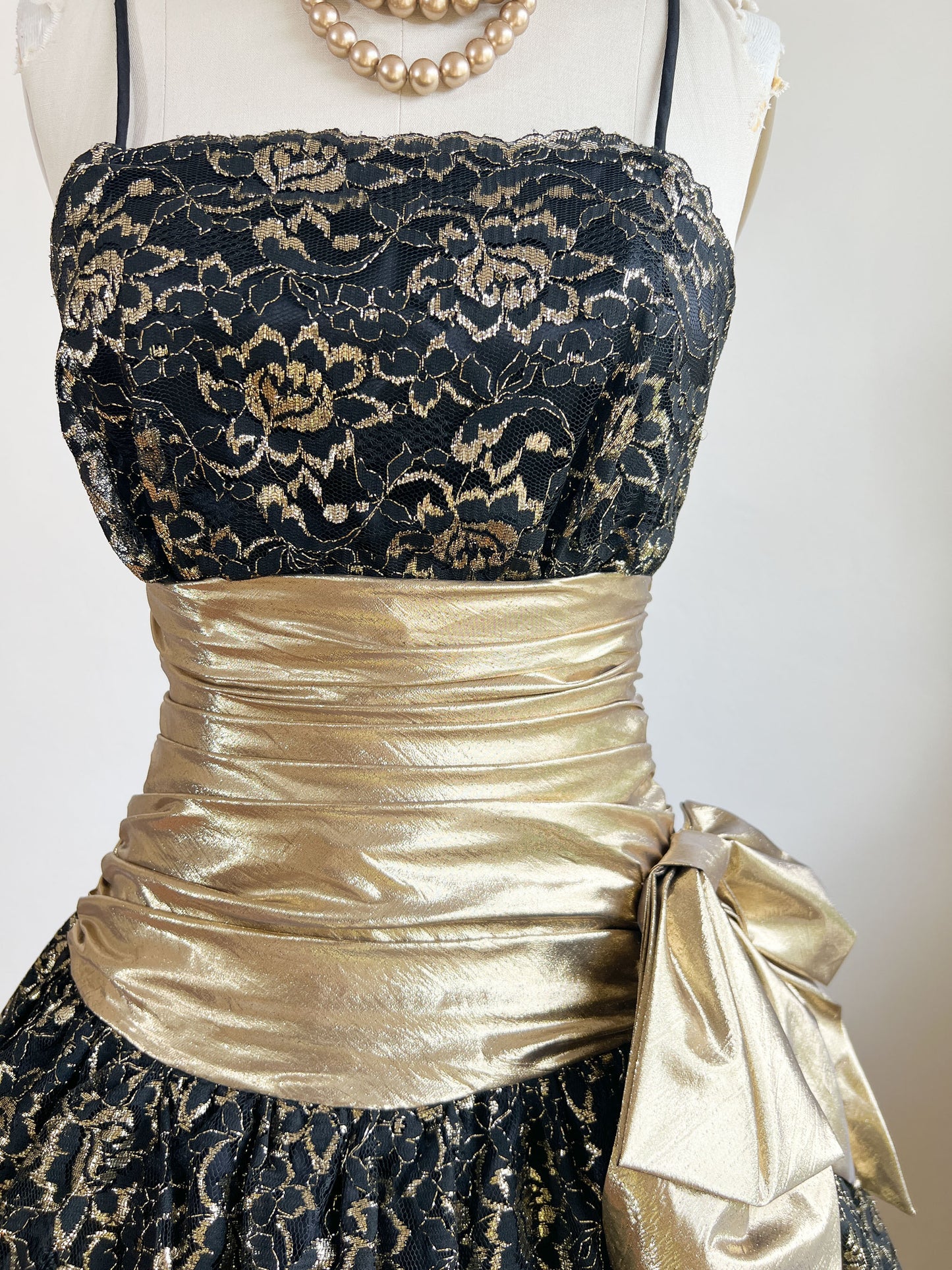 Vintage 1980s does 1950s Dress - SUBLIME Black Lace Satin Gold Lame Party Prom Designer Dress Size S