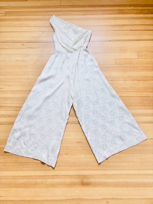 Vintage 1940s One-Shoulder Wide Leg Jumpsuit - WOW! Ivory Satin Brocade Wedding or Hostess w Palazzo Pants Size XS to S